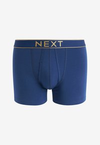 Modré bavlnené boxerky so zlatým logom "NEXT" na pásku, s priliehavým strihom a bez vzorov či ďalších akcentov.