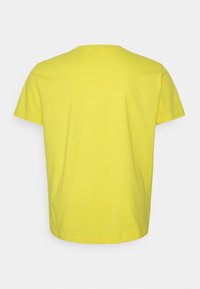 Geel katoenen T-shirt met een ronde hals, korte mouwen en een eenvoudig, effen ontwerp. De achterzijde toont een gladde textuur en een nette afwerking.