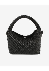 Musta kudottu käsilaukku pyöreällä yläkahvalla, strukturoitu muoto ja sileä pinta. Ominaisuuksiin kuuluu minimalistinen muotoilu ja hienovarainen kiilto.