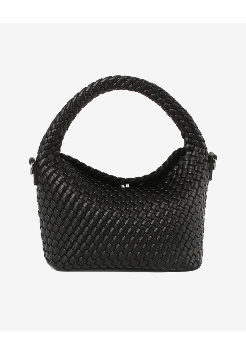 Musta kudottu käsilaukku pyöreällä yläkahvalla, strukturoitu muoto ja sileä pinta. Ominaisuuksiin kuuluu minimalistinen muotoilu ja hienovarainen kiilto.