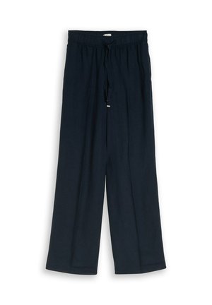 Marineblauwe wijde broek met elastische tailleband en verstelbare trekkoord, gemaakt van lichtgewicht stof.