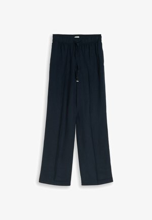 Marineblaue weit geschnittene Hose mit elastischem Bund und verstellbarem Tunnelzug, aus leichtem Stoff gefertigt.