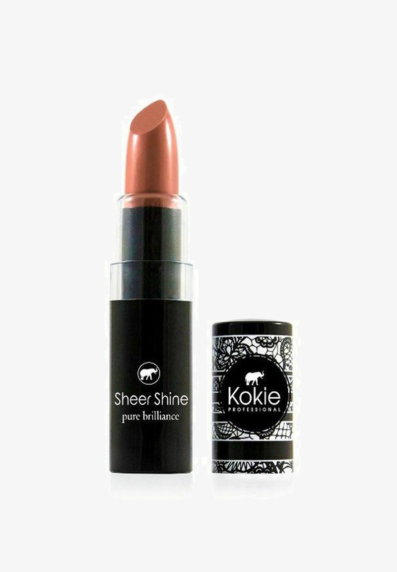 Kokie Sheer Shine læbestift i en rosen-lyserød nuance, præsenteret i et klart og sort cylindrisk rør med et mønstret sort og hvidt låg.