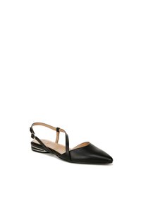 Black leather slingback shoe with a pointed toe, open sides, and a flat sole. Features a slender ankle strap and minimalistic design accents.