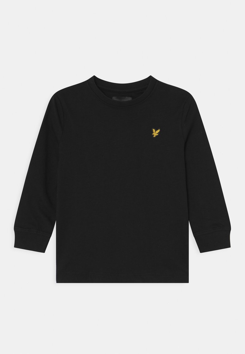 Schwarzes Langarmshirt mit Rundhalsausschnitt und kleinem gelben, auf der linken Brust gesticktem Vogel-Logo.