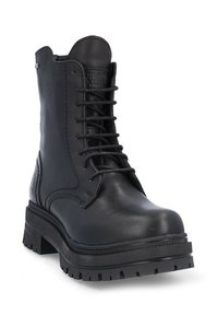 Botín de cuero negro hasta el tobillo con un acabado suave, cordones resistentes, puntera reforzada y suela de goma robusta con profundos surcos para un mejor agarre.