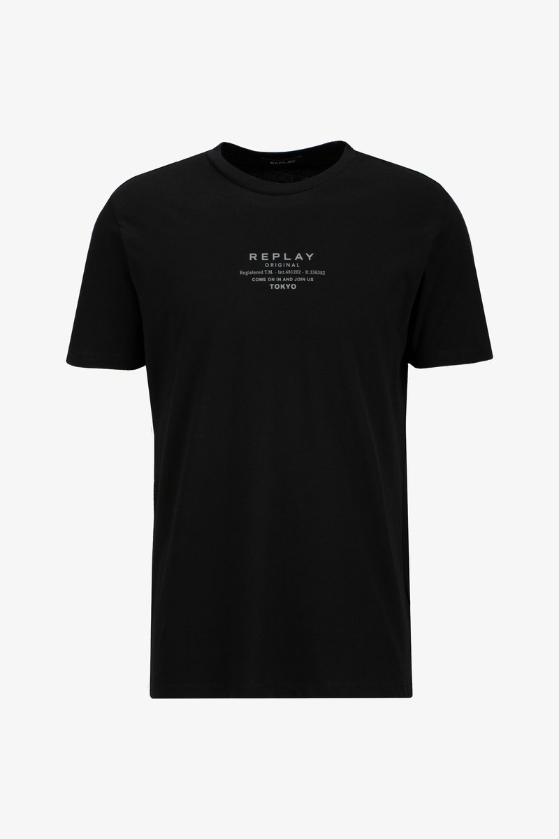 T-shirt noir en coton à manches courtes, présentant un col rond et des graphiques devant en texte blanc : "REPLAY ORIGINAL" et "TOKYO."