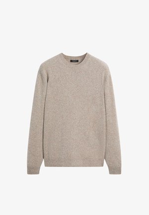 Beige gebreide trui met een ronde hals, lange mouwen, geribde manchetten en zoom, met een subtiele textuur en lichtgewicht materiaal.