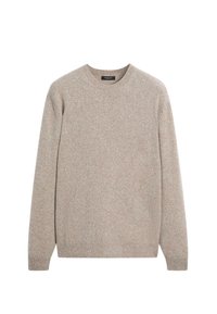 Maglione beige lavorato a maglia con scollatura arrotondata, maniche lunghe, polsini e orlo a costine, caratterizzato da una sottile trama e un materiale leggero.