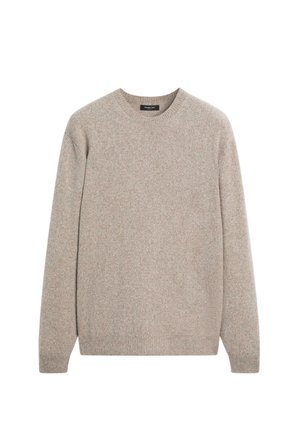 Beige gestrickter Pullover mit rundem Halsausschnitt, langen Ärmeln, gerippten Bündchen und Saum, ausgestattet mit einer dezente Textur und leichtem Material.