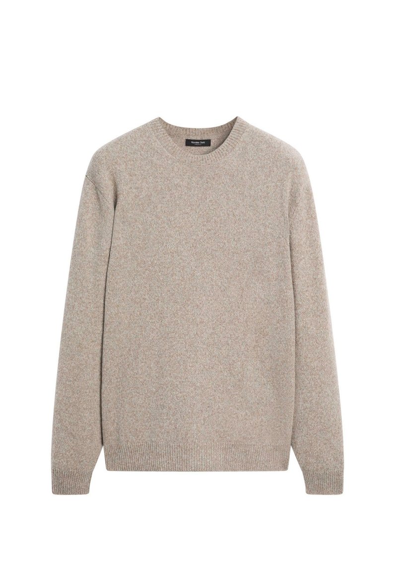 Maglione beige lavorato a maglia con scollatura arrotondata, maniche lunghe, polsini e orlo a costine, caratterizzato da una sottile trama e un materiale leggero.