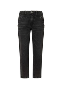 Črne jeans hlače s ravnim rezom, petimi žepi in rahlim bledenjem. Imajo kovinsko sponko in vidne šivalne detajle.