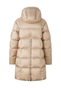 Beige Daunenjacke mit Kapuze, ausgestattet mit gestepptem Futter, einem Reißverschluss auf der Vorderseite und einem Logodetail auf dem Rücken. Glatte, glänzende Stofftextur.