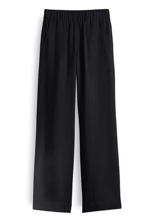 Zwarte wijde broek van soepel materiaal, met een elastische tailleband en twee zijzakken, met een vloeiende drape en een minimalistisch ontwerp.