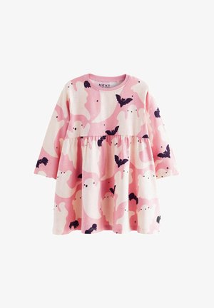 Rosa langärmliges Kleid mit Muster aus weißen Geistern und schwarzen Fledermäusen, aus weichem Stoff mit gesammelter Taillenpartie.
