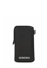 Pochette nera con zip realizzata in materiale testurizzato. Presenta un logo bianco "KOMONO" sul fronte e una piccola linguetta sulla zip.