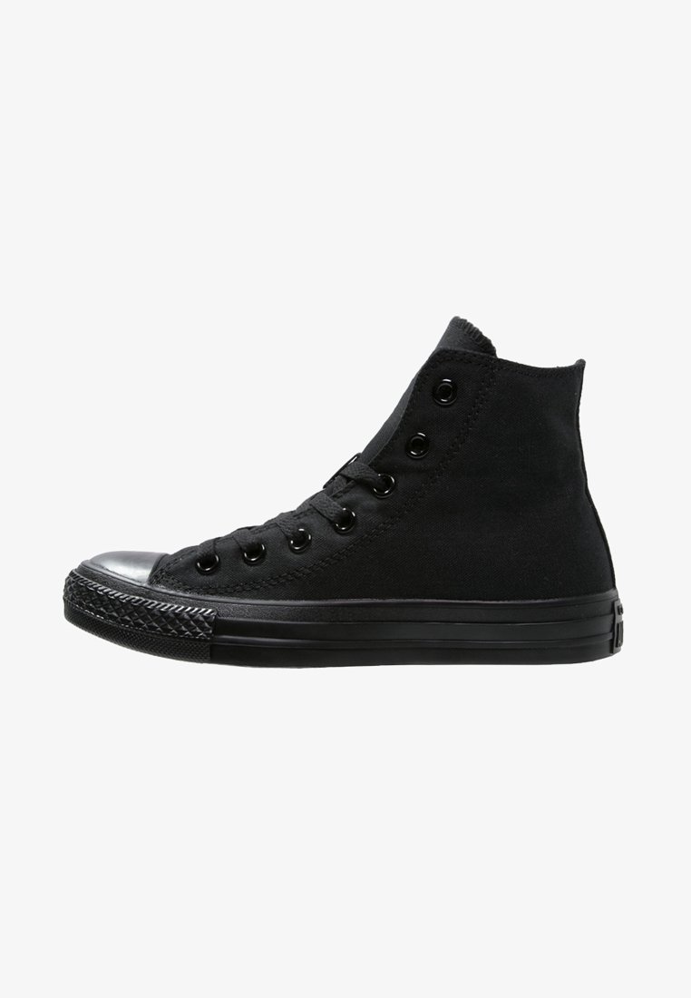 Sneakers alti neri in tela con punta di gomma, design arrotondato, occhielli in metallo e suola in gomma testurizzata. Aspetto semplice e monocromatico.