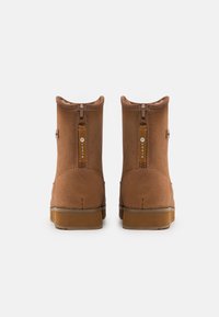 Par de botas de invierno de ante marrón con cremalleras traseras y suelas de goma, mostradas desde atrás sobre un fondo blanco.