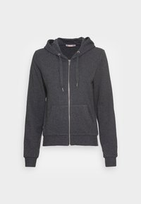 Sudadera de cremallera en gris oscuro con un bolsillo frontal, capucha ajustable con cordón y puños y dobladillo acanalados. Tela suave con un detalle mínimo.
