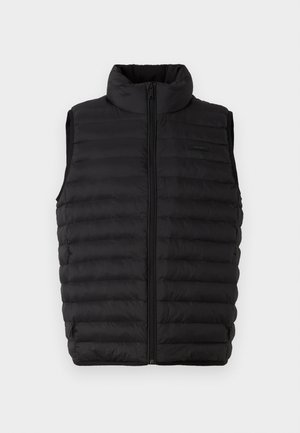 Vest puffer negru cu guler înalt, fermoar complet și design matlasat pentru izolare. Fabricat dintr-un material ușor, rezistent la apă.