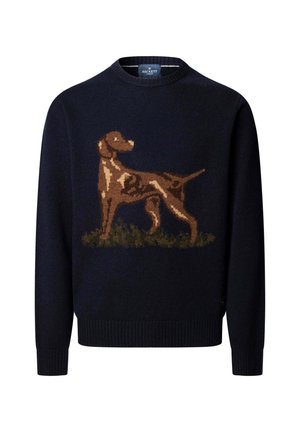 Jersey de cuello redondo azul marino con un perro marrón y beige de pie sobre hierba tejido en el frente.