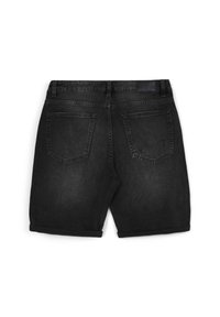 Black denim shorts with a loose fit, featuring rolled hems, two back pockets, and a rectangular brand label on the waistband.