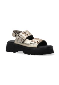 Metalen gouden sandalen met twee brede banden, verstelbare gespen en een gestructureerd oppervlak. Dikke zwarte zool met uitgesproken profiel.