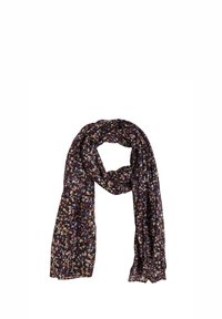 Écharpe florale sombre présentant un motif de petites fleurs colorées sur un fond noir. Fabriquée en tissu léger et fluide avec une texture douce.