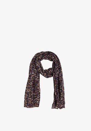 Bufanda floral oscura que presenta un patrón de pequeñas flores coloridas sobre un fondo negro. Está hecha de un tejido ligero y fluido con una textura suave.