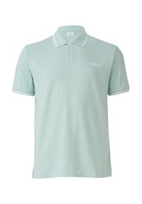 Helles blaues Poloshirt aus Baumwolle, mit einem Knopfverschluss in zwei Reihen, weiß gestreifter Kragen und dezentem Logo-Stick auf der Brust.
