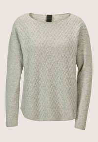 Hellgrauer Strickpullover mit langen Ärmeln und einem Zickzackmuster auf der Vorderseite sowie schlichten Rücken- und Ärmeln.