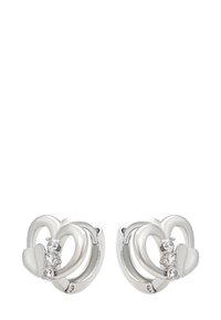 Sudraba auskari ar pārklājošiem sirdsapziņas formām un trīs nelieliem skaidriem akmeņiem katrā.