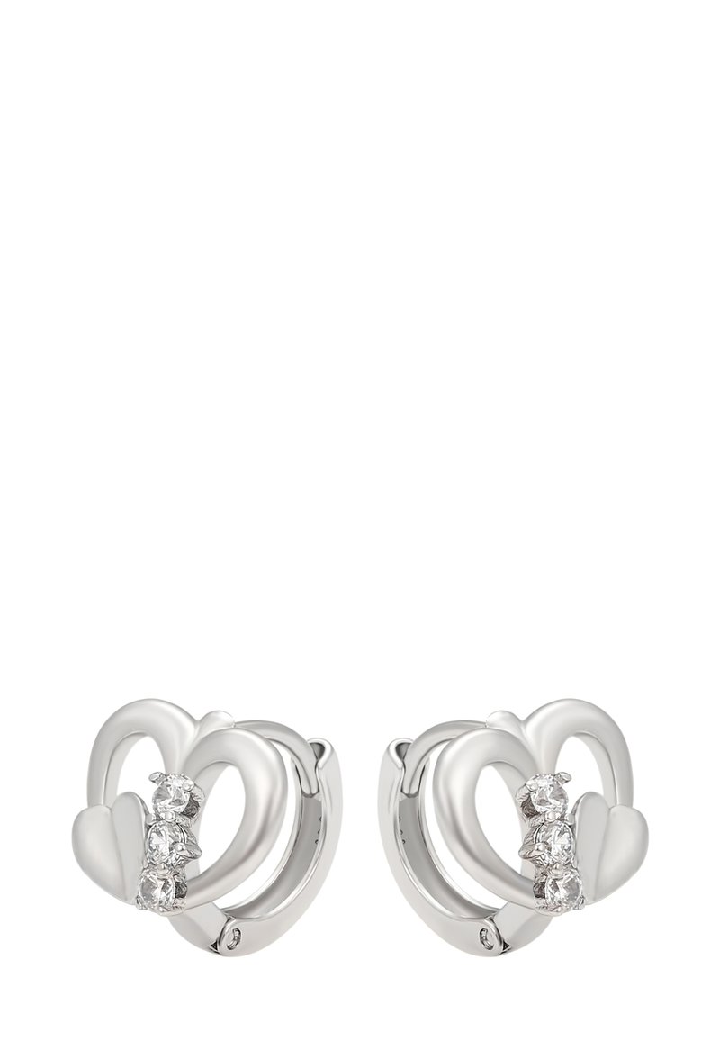 Sudraba auskari ar pārklājošiem sirdsapziņas formām un trīs nelieliem skaidriem akmeņiem katrā.