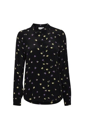 Fekete, hosszú ujjú ing, virágmintával lila és zöld színekben. Simább, könnyű anyagból készült.
