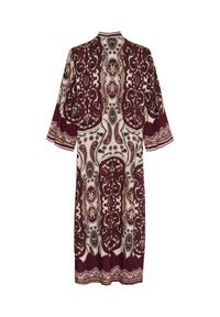 Lång plagg med ett vinrött, krämfärgat och svart paisleymönster med intrikata detaljer. Utsålda ärmar och en krage med randiga accenter.