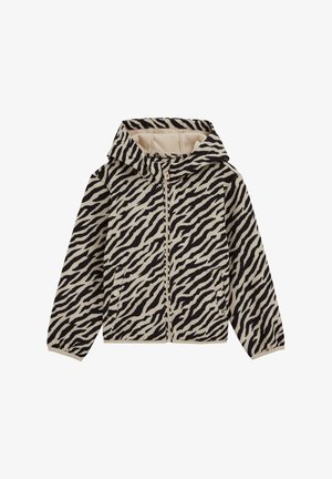 Jasje met zebrapatroon en een beige basis, voorzien van een volledige ritssluiting, capuchon en elastische manchetten. Gemaakt van zachte stof met een getextureerde afwerking.
