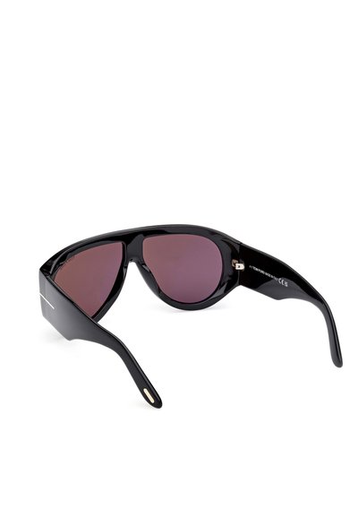 Black sunglasses with a glossy finish, oversized, featuring dark purple lenses and sleek temples. Detail includes a white logo on the side.