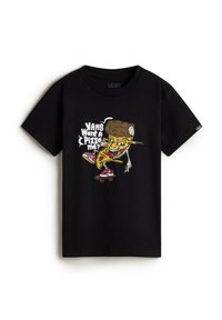 Černé tričko s barevným grafickým potiskem skateboardové postavy pizzy a nápisem "VANS Chceš kus mě?" vytištěným na přední straně.