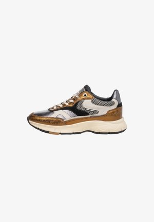 Low-top sneaker with metallic bronze, silver, black, beige panels, white laces, mesh sides, and thick white sole shown in right profile view.