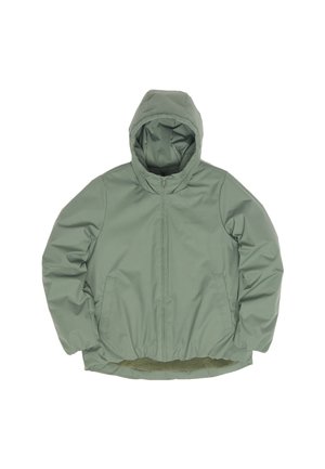 Green, hooded jacket with a smooth outer material, elasticized waistband, and plush inner lining. Features zip closure and side pockets.