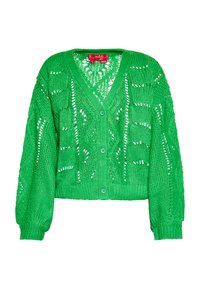 Grüne gestrickte Strickjacke mit V-Ausschnitt, langen Ärmeln und Knopfverschluss. Verfügt über ein Spitzenmuster sowie einen gerippten Saum und Bündchen.