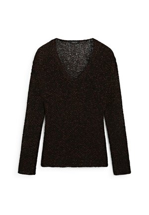 Maglione marrone a collo a V realizzato in materiale lavorato a maglia testurizzato; presenta maniche lunghe e una vestibilità comoda con un motivo a trama aperta.