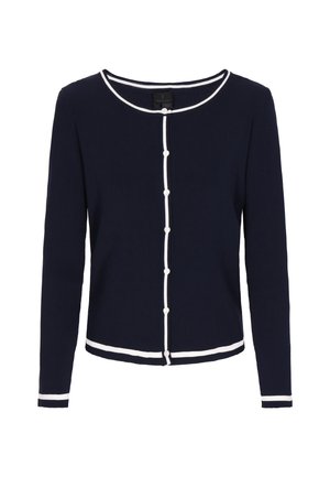 Laivaston sininen ribbireunallinen neuletakki, jossa on valkoinen trimmi, pyöreä pääntie ja pitkät hihat. Sisältää napit edessä ja kontrastoivat helma ja hihansuut.