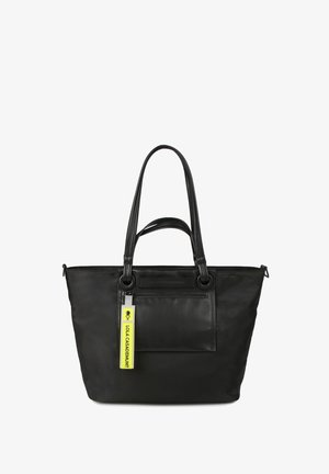 Black tote bag made of nylon with leather accents, dual handles, and a front zip pocket featuring a yellow tag. Smooth texture and spacious design.