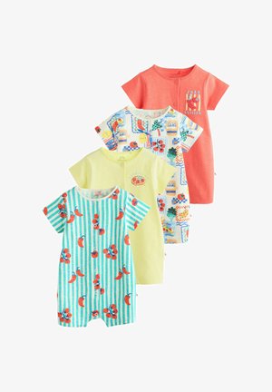 Keturios trumpomis rankovėmis kūdikių bodžiukai su spaudėmis, vienas koralinės spalvos, vienas geltonas su maisto pleistru, vienas baltas su spalvingais maisto raštais ir vienas turkio spalvos dryžuotas su raudonaisiais pipirais.