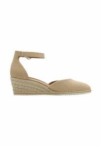 Wedge espadrille beige con suola in juta intrecciata, parte superiore in tessuto e cinturino regolabile alla caviglia. Punta arrotondata e finitura testurizzata.