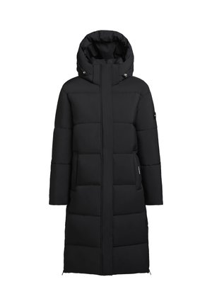 Zwarte lange pufferjas met een capuchon, met een geblokte ontwerp, voorrits en twee zijzakken. Gladde stoffen textuur, warme isolatie.