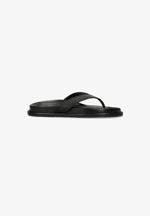 Schwarze Leder-Flipflop-Sandale mit breiten Kreuzriemen und flacher Sohle, seitlich auf weißem Hintergrund abgebildet.