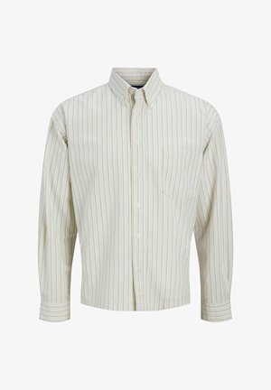 Cămașă din bumbac cu mânecă lungă, fixată cu butoane, în nuanța crem, cu dungi verticale subtile, un buzunar pe piept și un guler clasic.