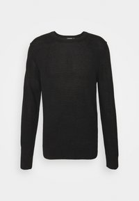 Czarny sweter z długim rękawem wykonany z teksturowanej tkaniny, z okrągłym dekoltem oraz ściągaczami u rękawów i na dole. Prosty, klasyczny design.